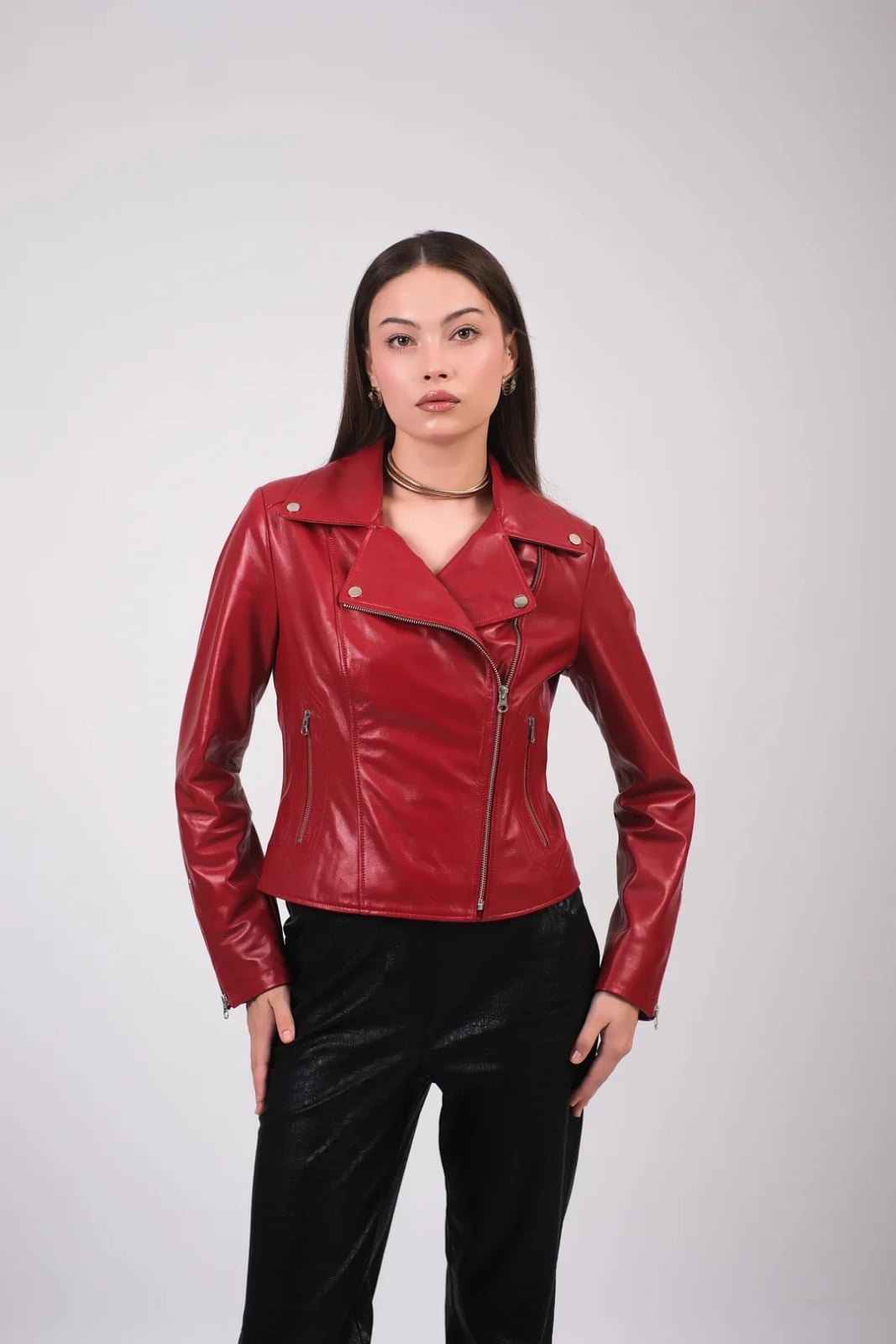 Fitted Red Leather Biker Jacket With Silver Hardware — Aesthetic Red Leather Jacket Outfit