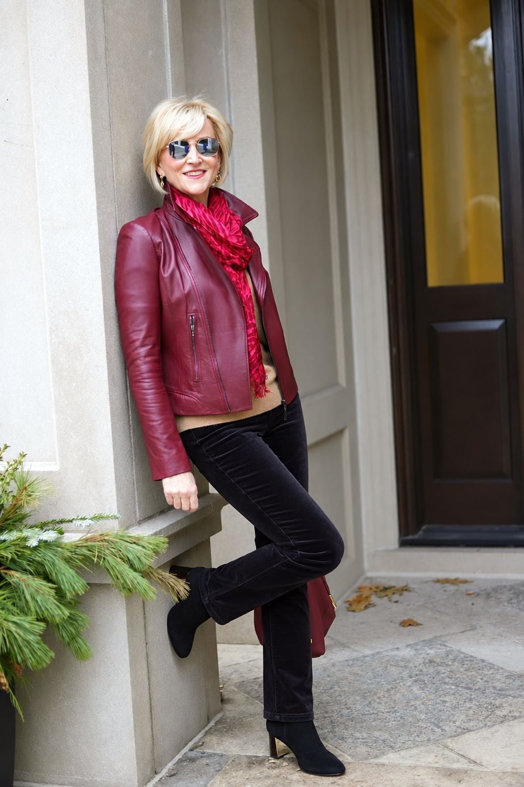 Cherry Red Leather Jacket With Black Trousers — Aesthetic Red Leather Jacket Outfit