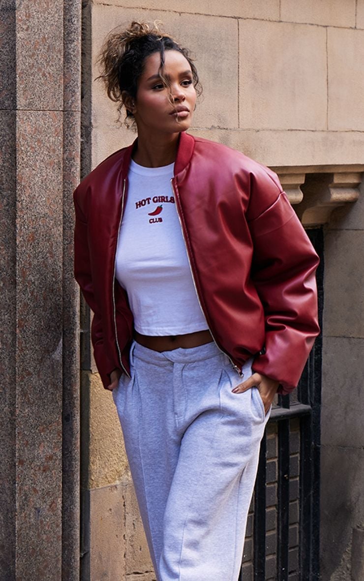 Red Leather Bomber Jacket With Sweatpants — Aesthetic Red Leather Jacket Outfit