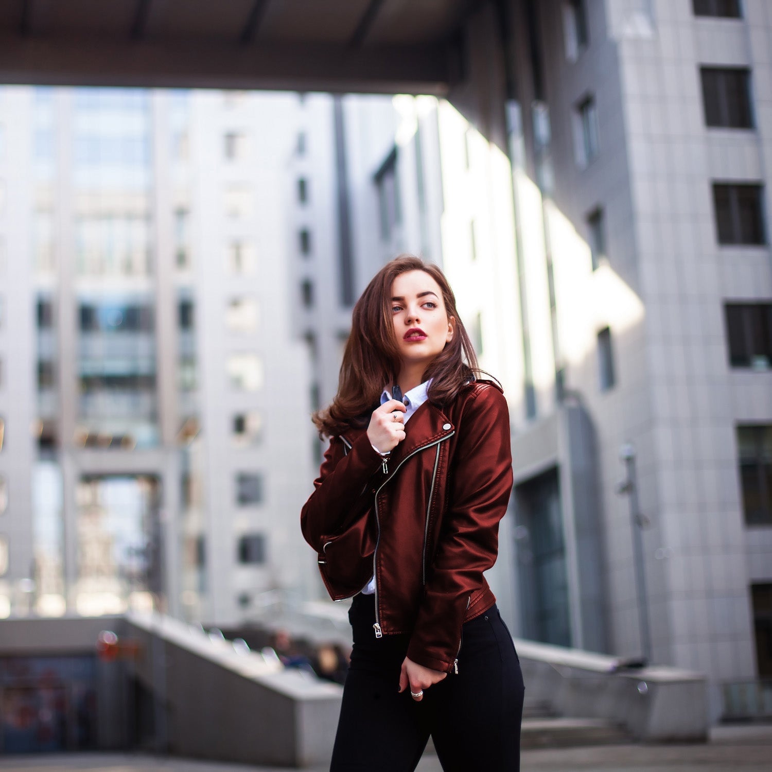 Burgundy Satin-Like Jacket With White Shirt — Aesthetic Red Leather Jacket Outfit