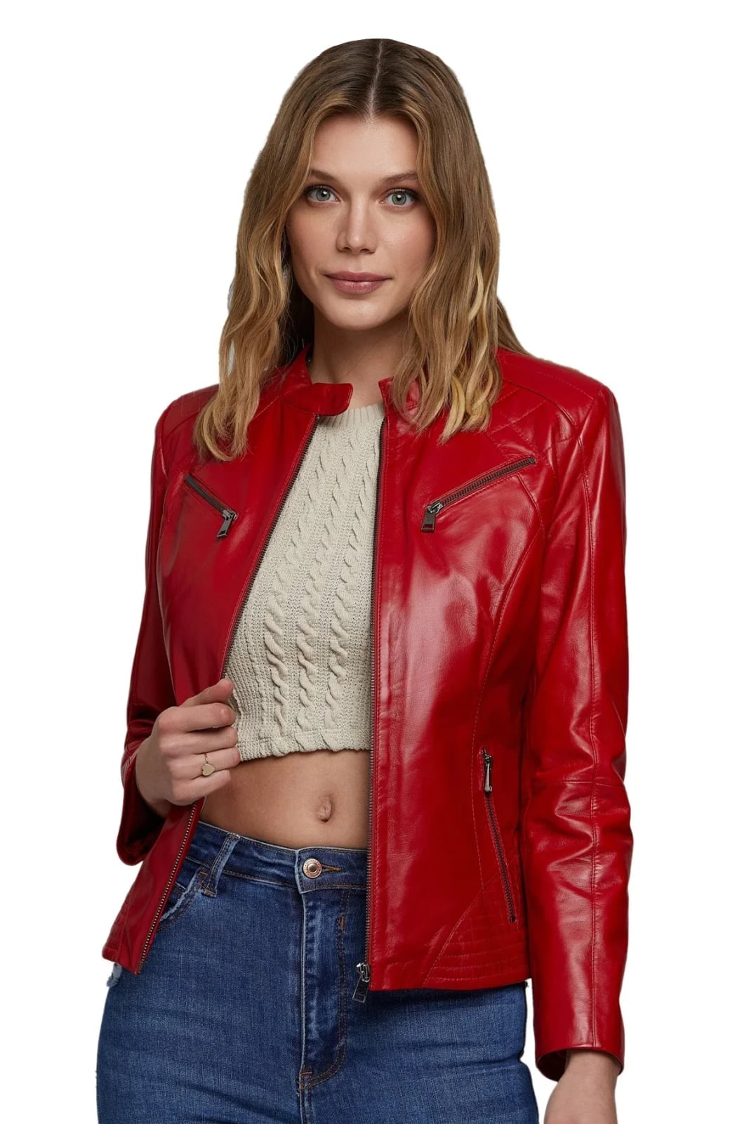 Red Patent Leather Jacket With Knit Sweater — Aesthetic Red Leather Jacket Outfit
