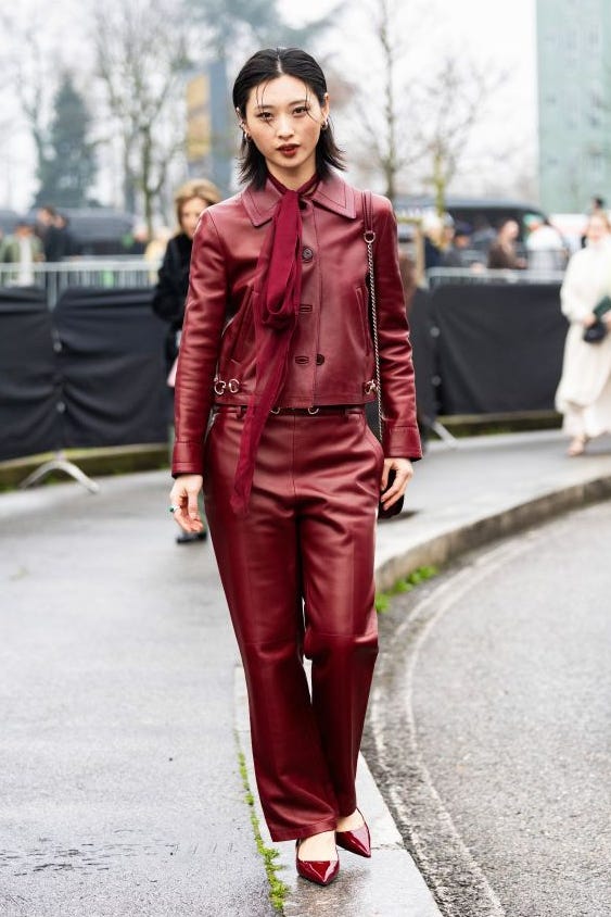 Matching Red Leather Set For A Fashion Event — Aesthetic Red Leather Jacket Outfit