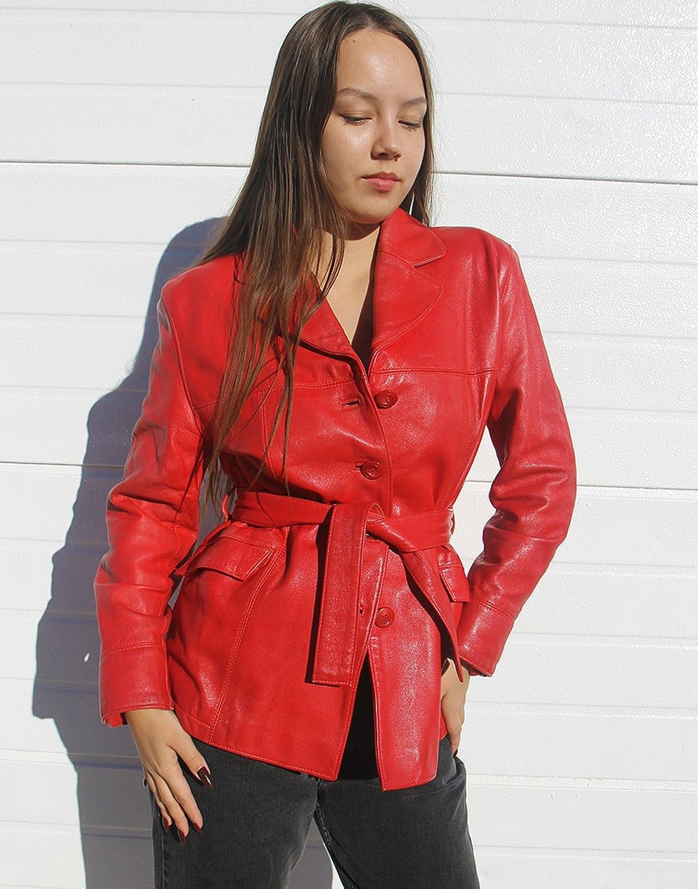 Red Leather Belted Jacket With Grey Jeans — Aesthetic Red Leather Jacket Outfit