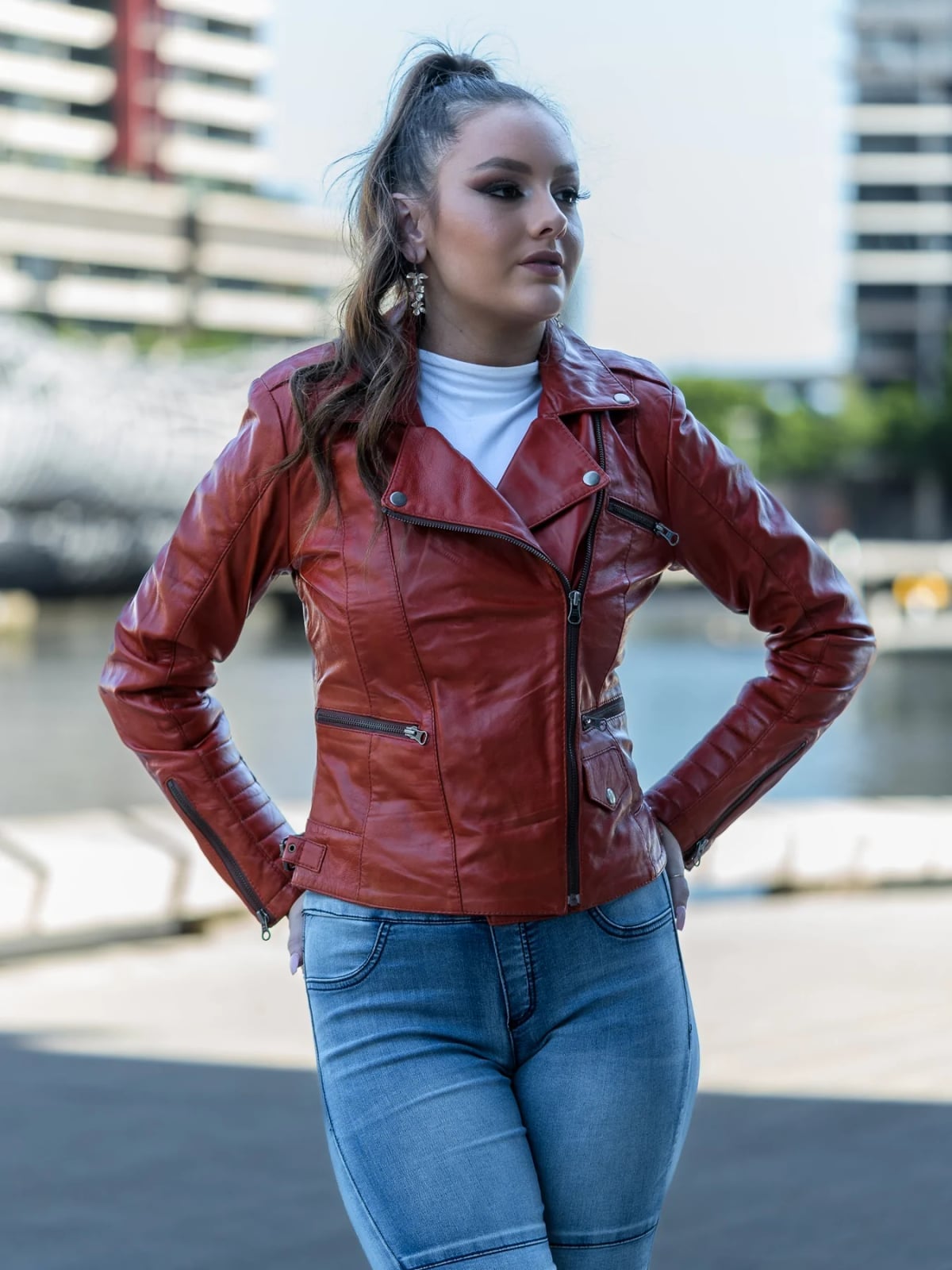 Red Leather Moto Jacket With White T-Shirt — Aesthetic Red Leather Jacket Outfit
