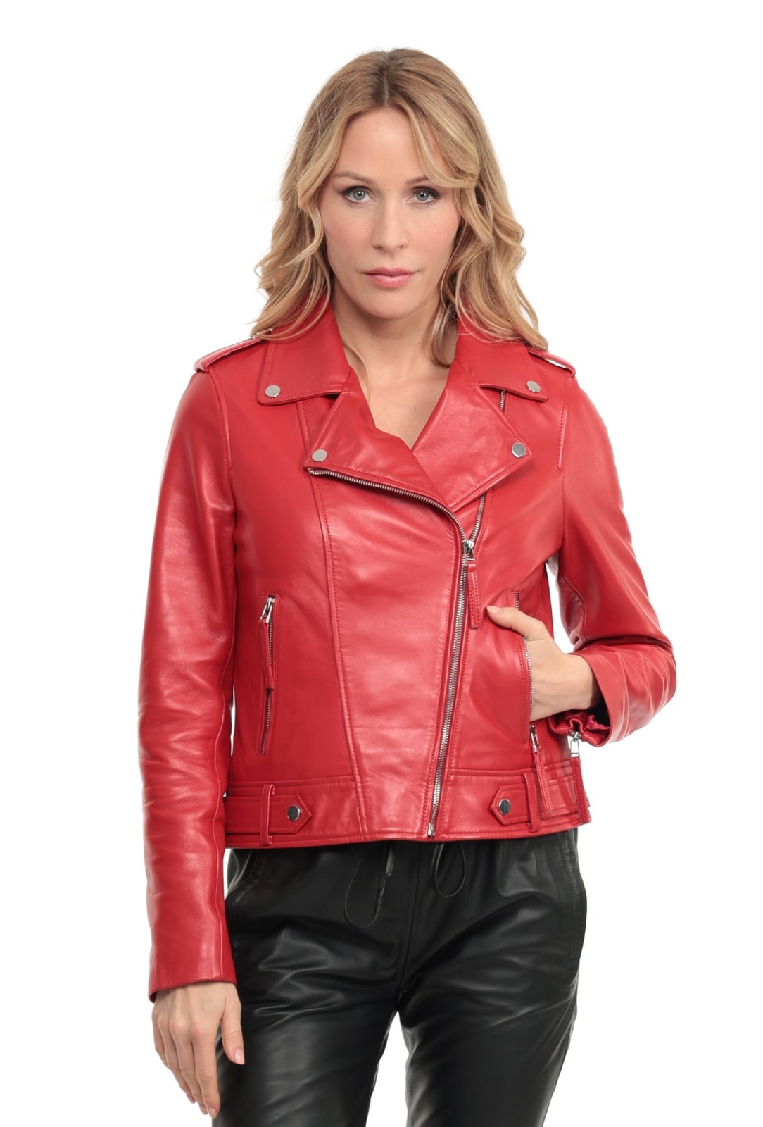 Bright Red Leather Biker Jacket Detail — Aesthetic Red Leather Jacket Outfit