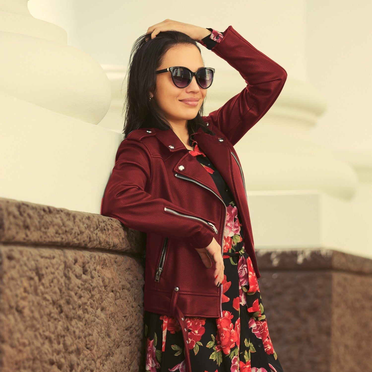 Red Leather Moto Jacket With Floral Dress — Aesthetic Red Leather Jacket Outfit