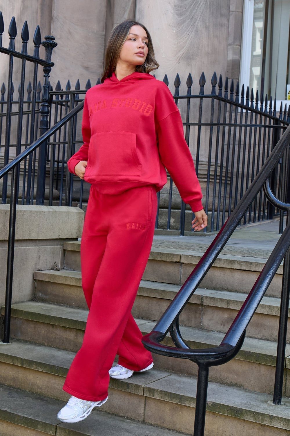 Matching Red Tracksuit With Relaxed Hoodie — Aesthetic Red Sweatpants Outfit