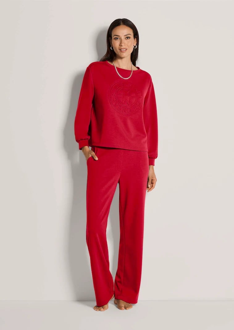 Bright Red Jersey Tracksuit With Embossed Print — Aesthetic Red Sweatpants Outfit
