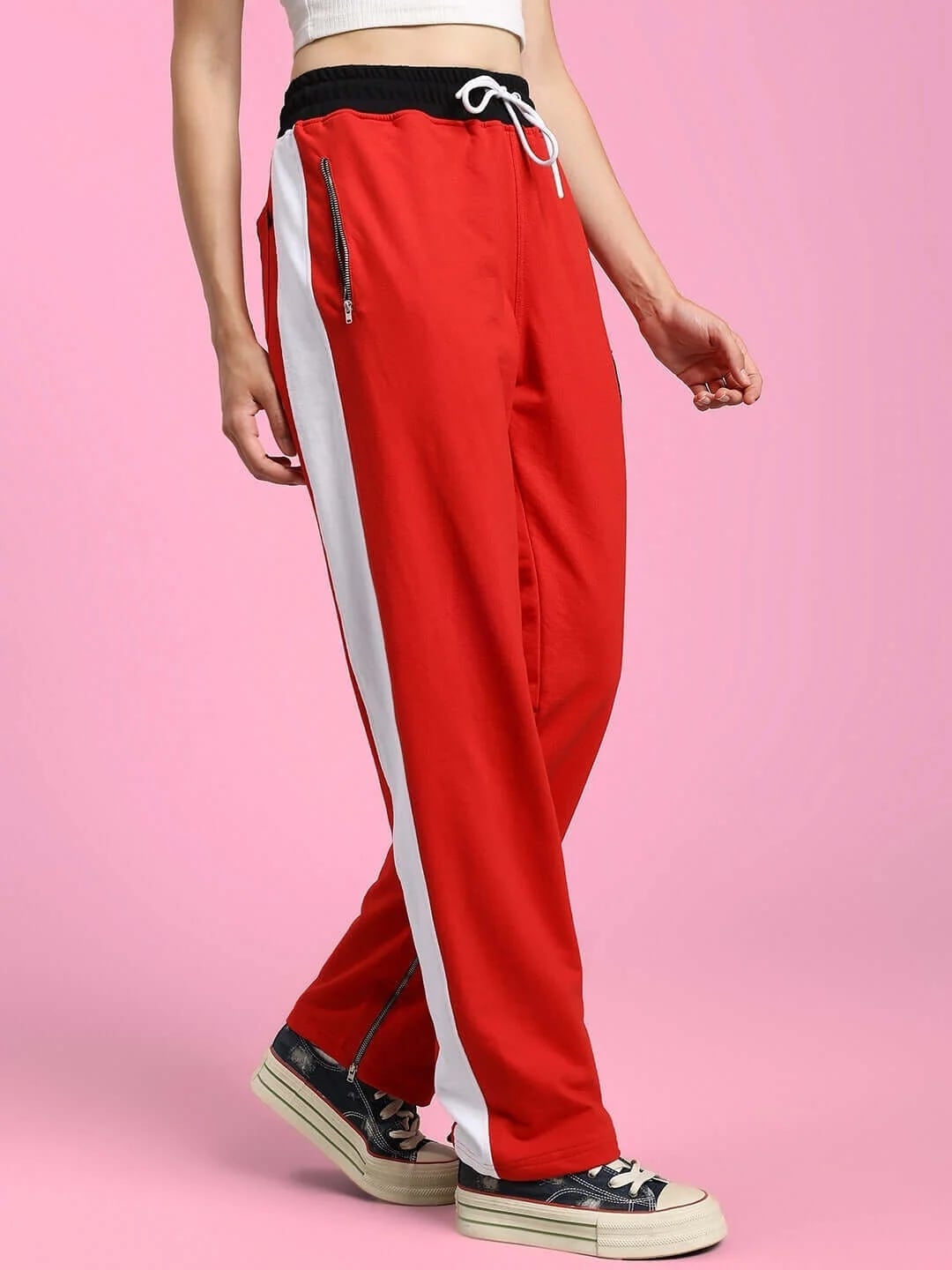 Red Sweatpants With White Stripe Zip Detail — Aesthetic Red Sweatpants Outfit