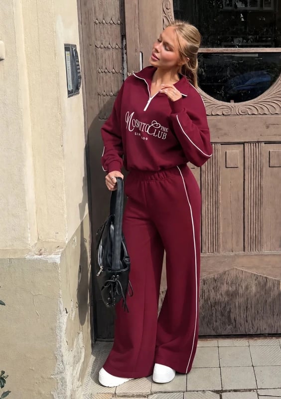 Deep Cherry Red Tracksuit With Piping — Aesthetic Red Sweatpants Outfit