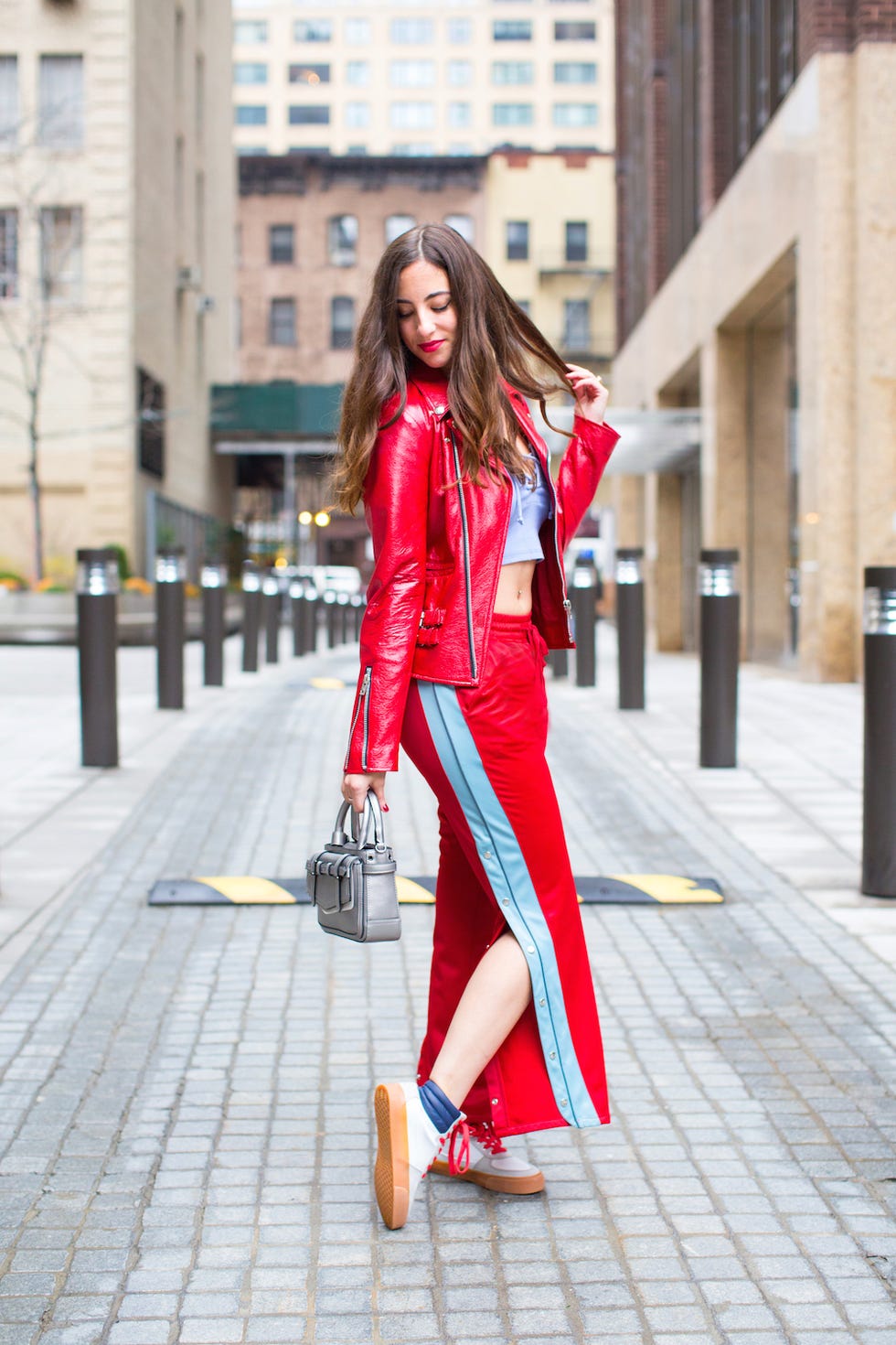 Red Track Pants With Leather Jacket — Aesthetic Red Sweatpants Outfit