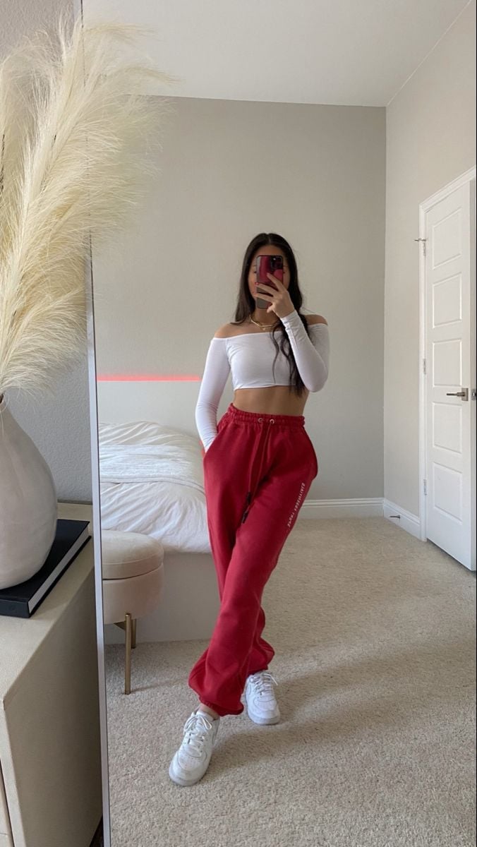 Red Sweatpants With White Long Sleeve Top — Aesthetic Red Sweatpants Outfit