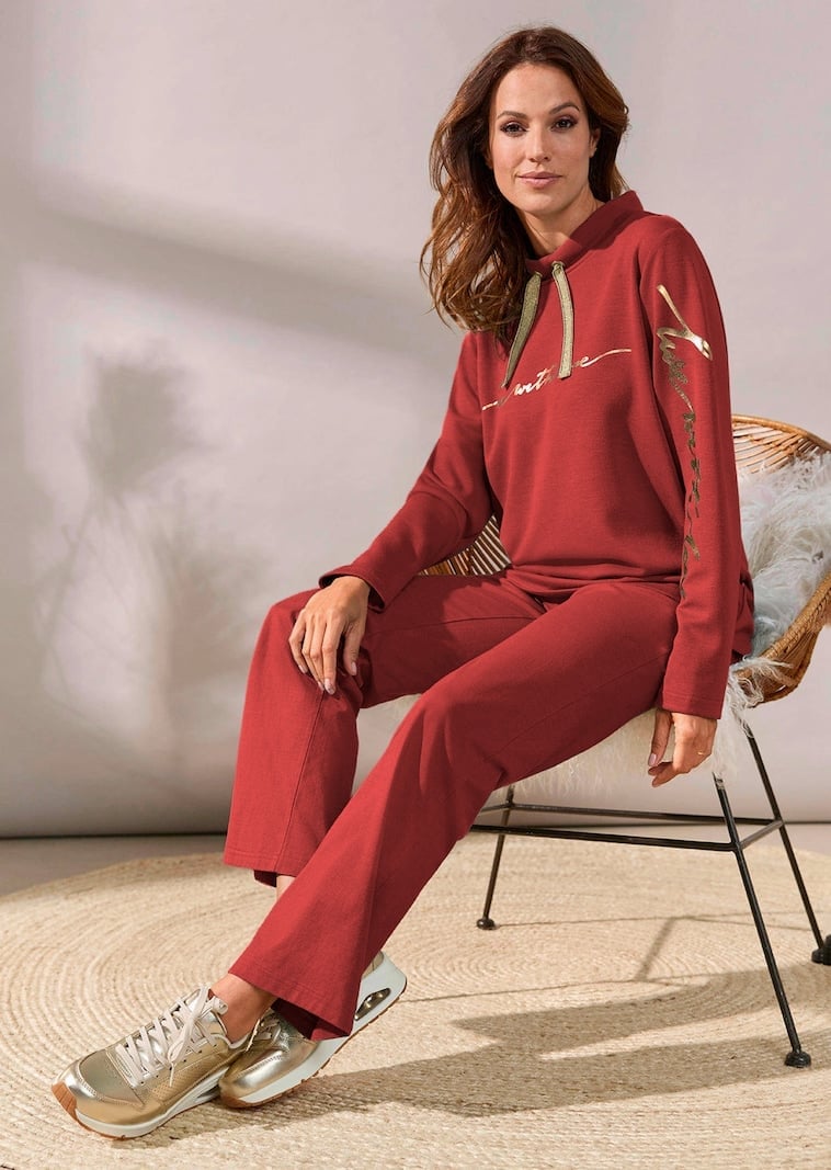 Reddish Brown Sweatpants With Gold Accents — Aesthetic Red Sweatpants Outfit