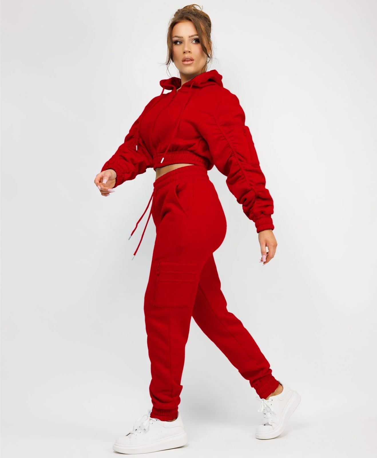 Bright Red Tracksuit With Ruched Sleeves — Aesthetic Red Sweatpants Outfit