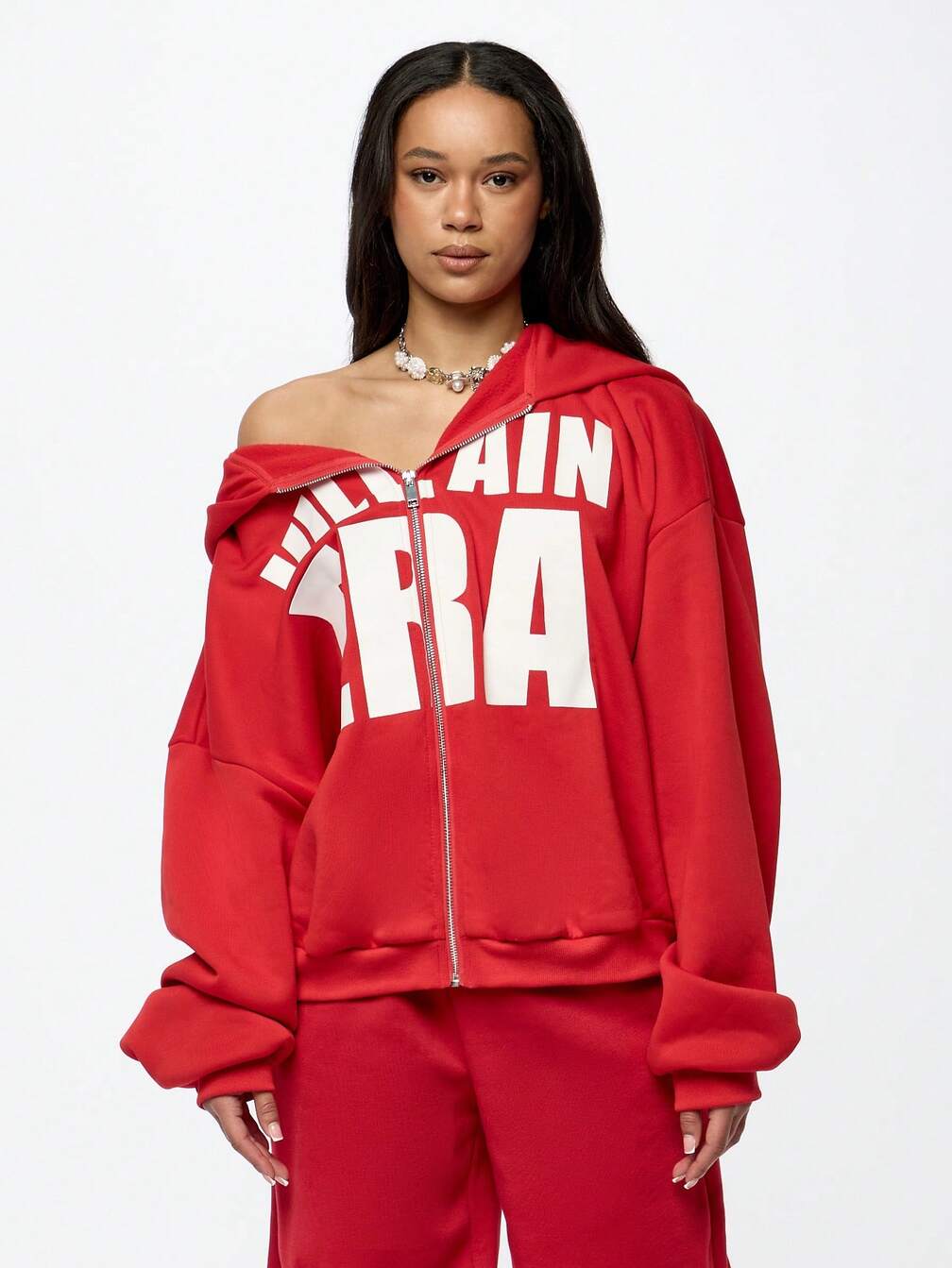 Oversized Red Hoodie With Graphic Text — Aesthetic Red Sweatpants Outfit