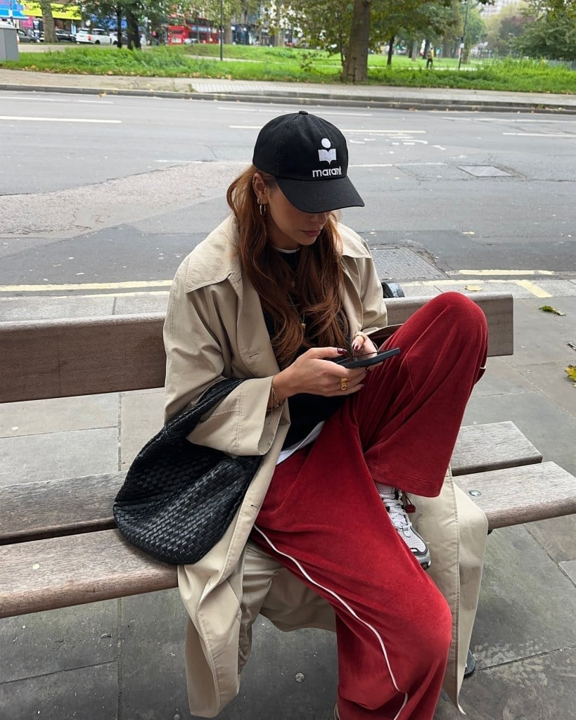 Red Velvet Sweatpants With Trench Coat — Aesthetic Red Sweatpants Outfit