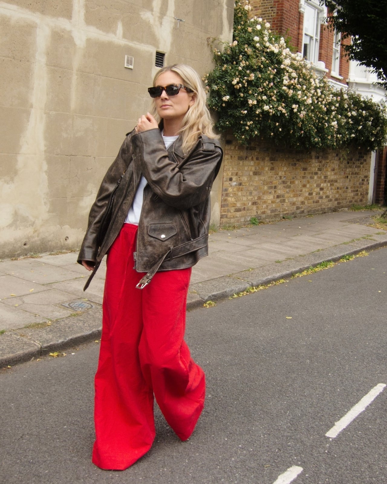 Bright Red Linen Pants With Leather Jacket — Aesthetic Red Sweatpants Outfit