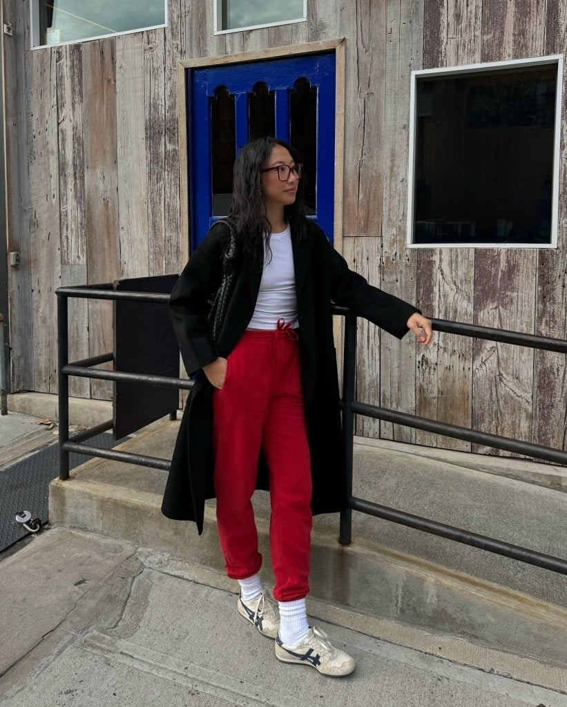 Red Sweatpants With Long Black Coat — Aesthetic Red Sweatpants Outfit