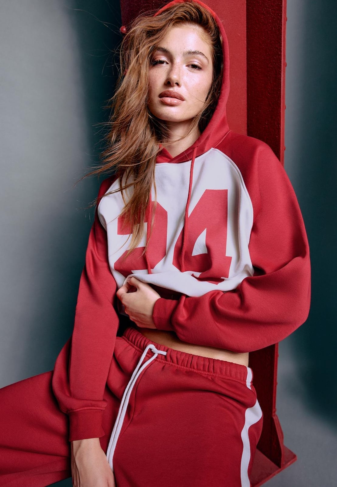Matching Red Sweat Set With Graphic Hoodie — Aesthetic Red Sweatpants Outfit