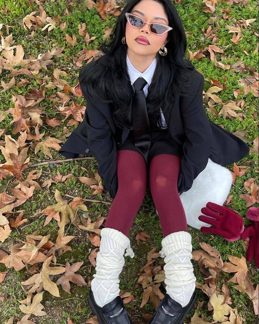 Burgundy Tights With Preppy Oversized Blazer and Black Loafers — Aesthetic Red Tights Outfit