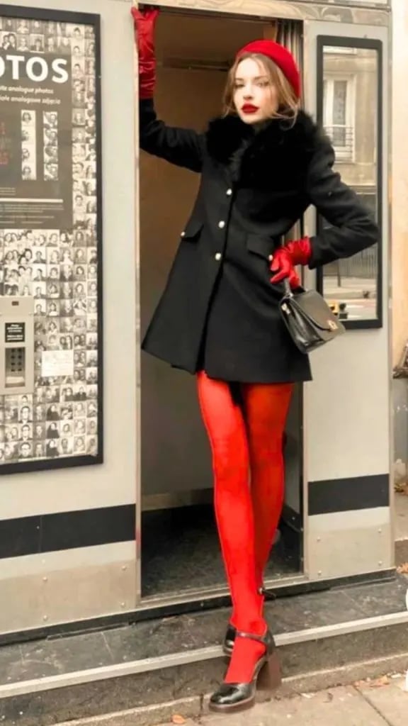 Bold Red Tights With Black Coat and Beret — Aesthetic Red Tights Outfit