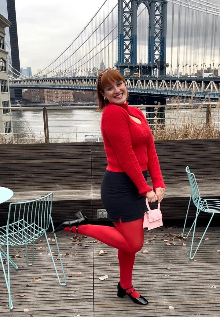 Bright Red Tights With Textured Sweater and Mini Skirt — Aesthetic Red Tights Outfit