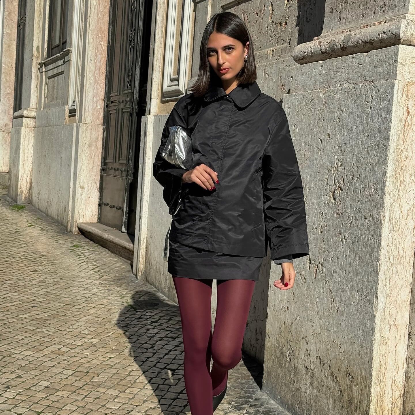 Opaque Burgundy Tights With Puffer Jacket — Aesthetic Red Tights Outfit