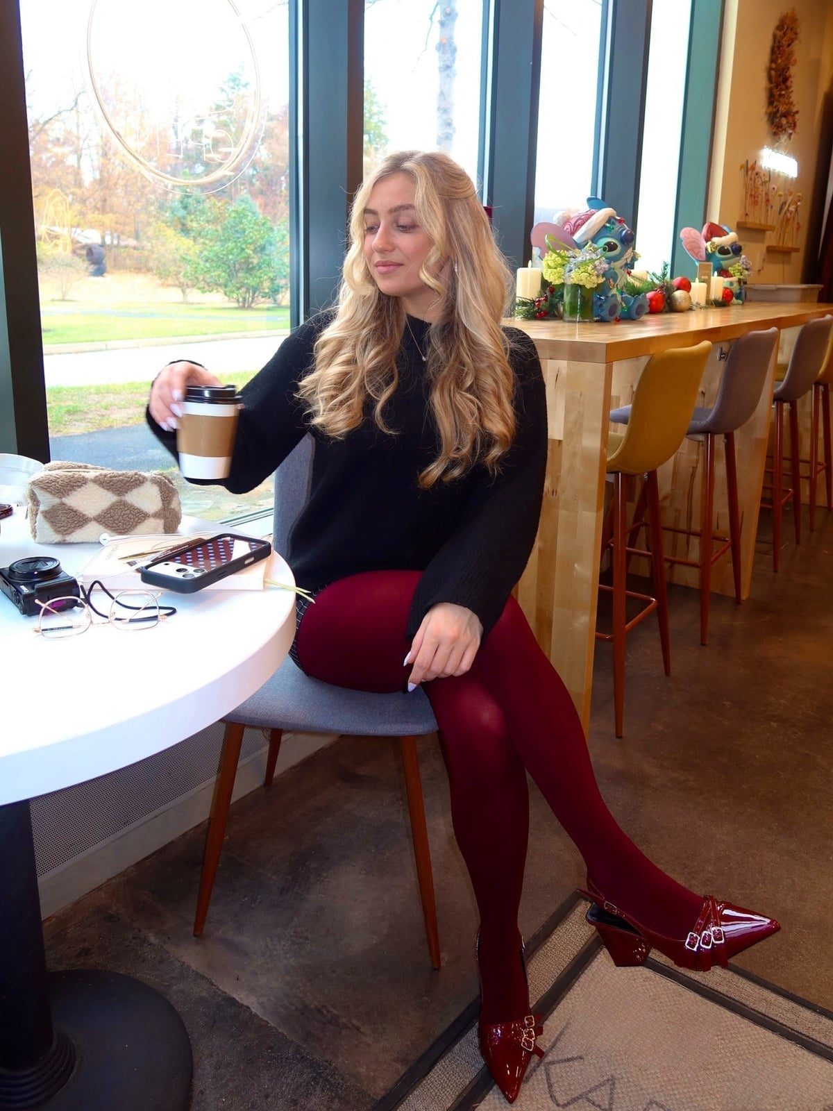 Burgundy Tights With Black Crewneck Sweater — Aesthetic Red Tights Outfit