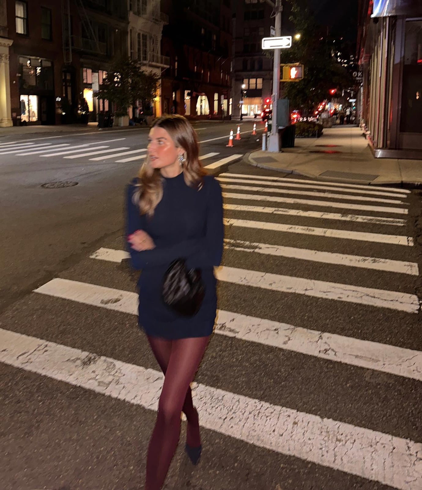 Burgundy Sheer Tights With Navy Dress — Aesthetic Red Tights Outfit