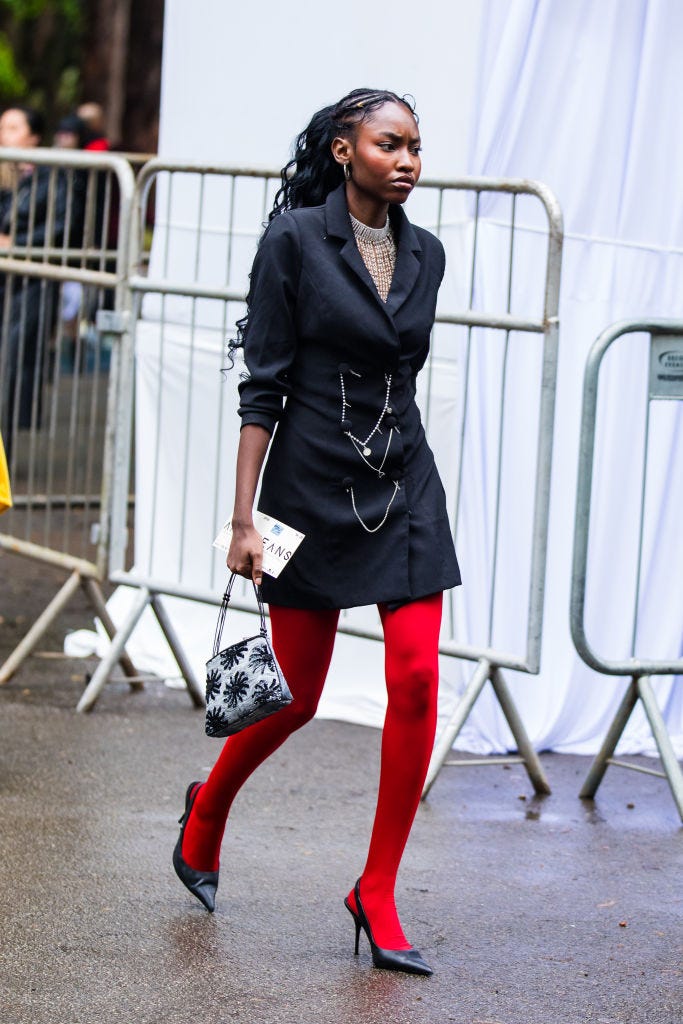 Bold Red Tights With Black Blazer Dress — Aesthetic Red Tights Outfit