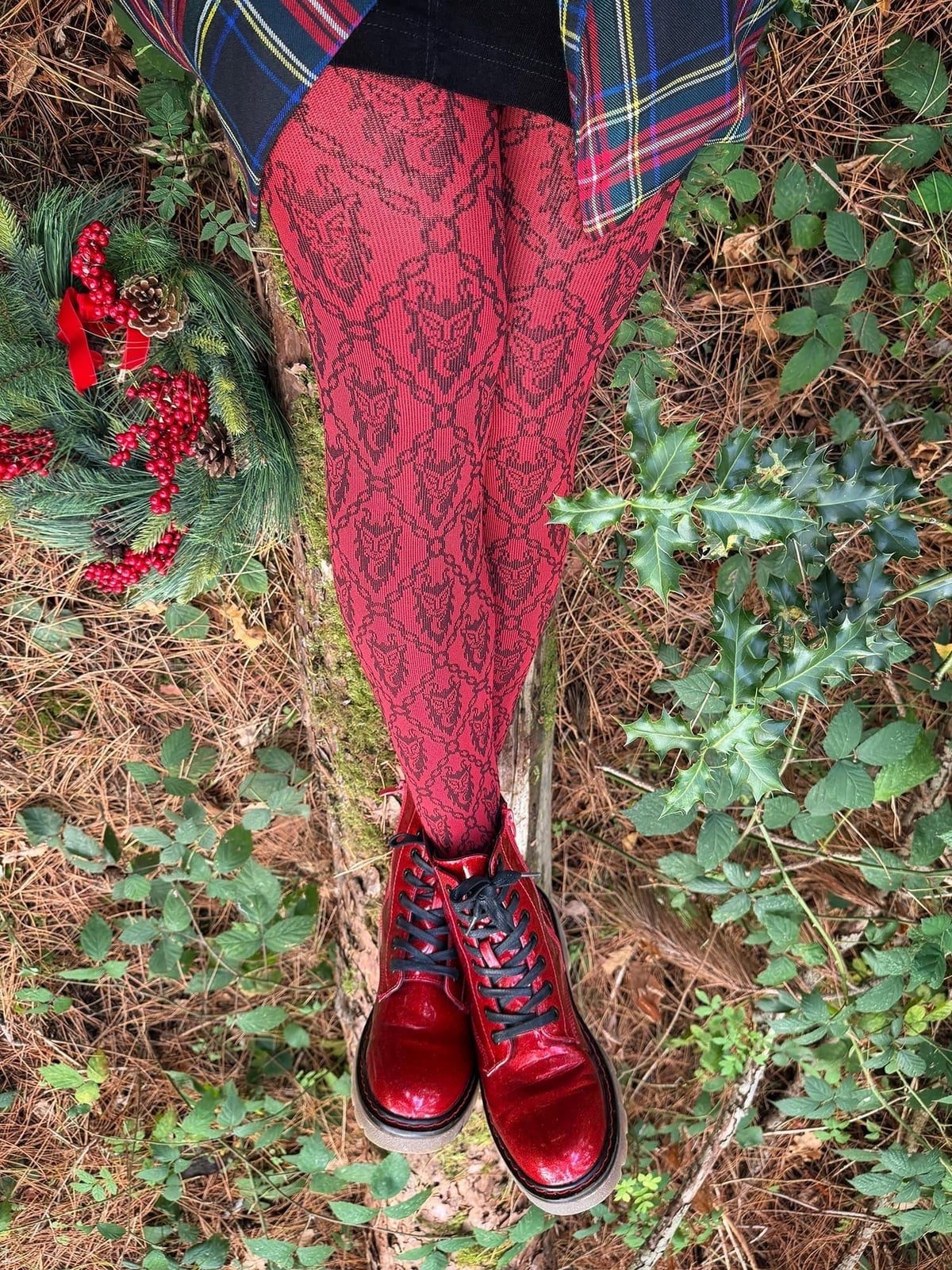 Red Lace Tights With Plaid and Boots — Aesthetic Red Tights Outfit