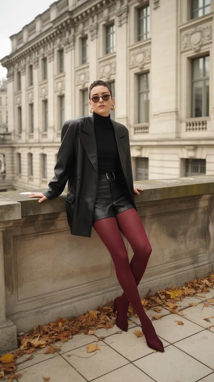 Oversized Leather Blazer With Burgundy Tights — Aesthetic Red Tights Outfit