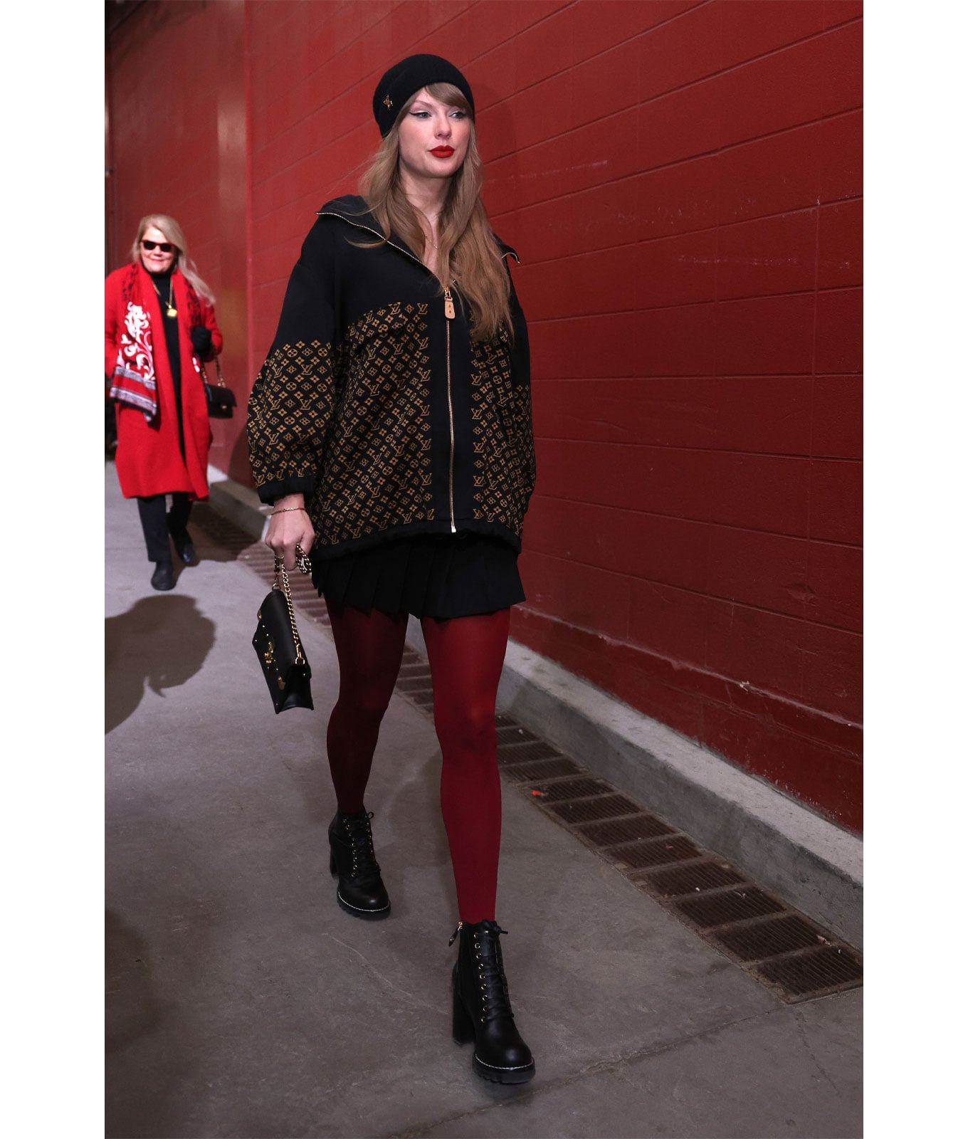 Bold Red Tights With Zip-Up Jacket and Boots — Aesthetic Red Tights Outfit