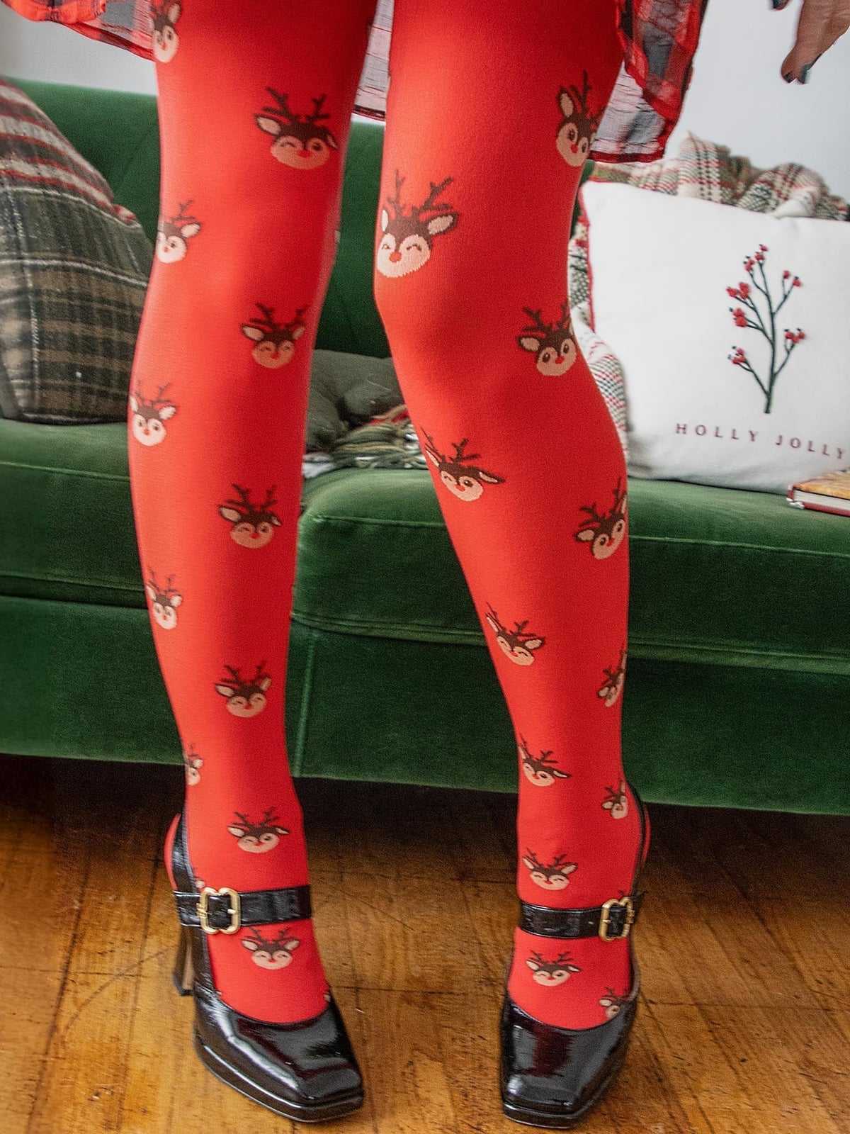 Red Reindeer Print Tights for Holidays — Aesthetic Red Tights Outfit