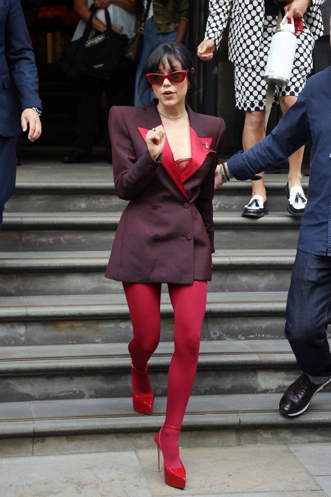Bold Red Tights With a Maroon Blazer and Bralette — Aesthetic Red Tights Outfit