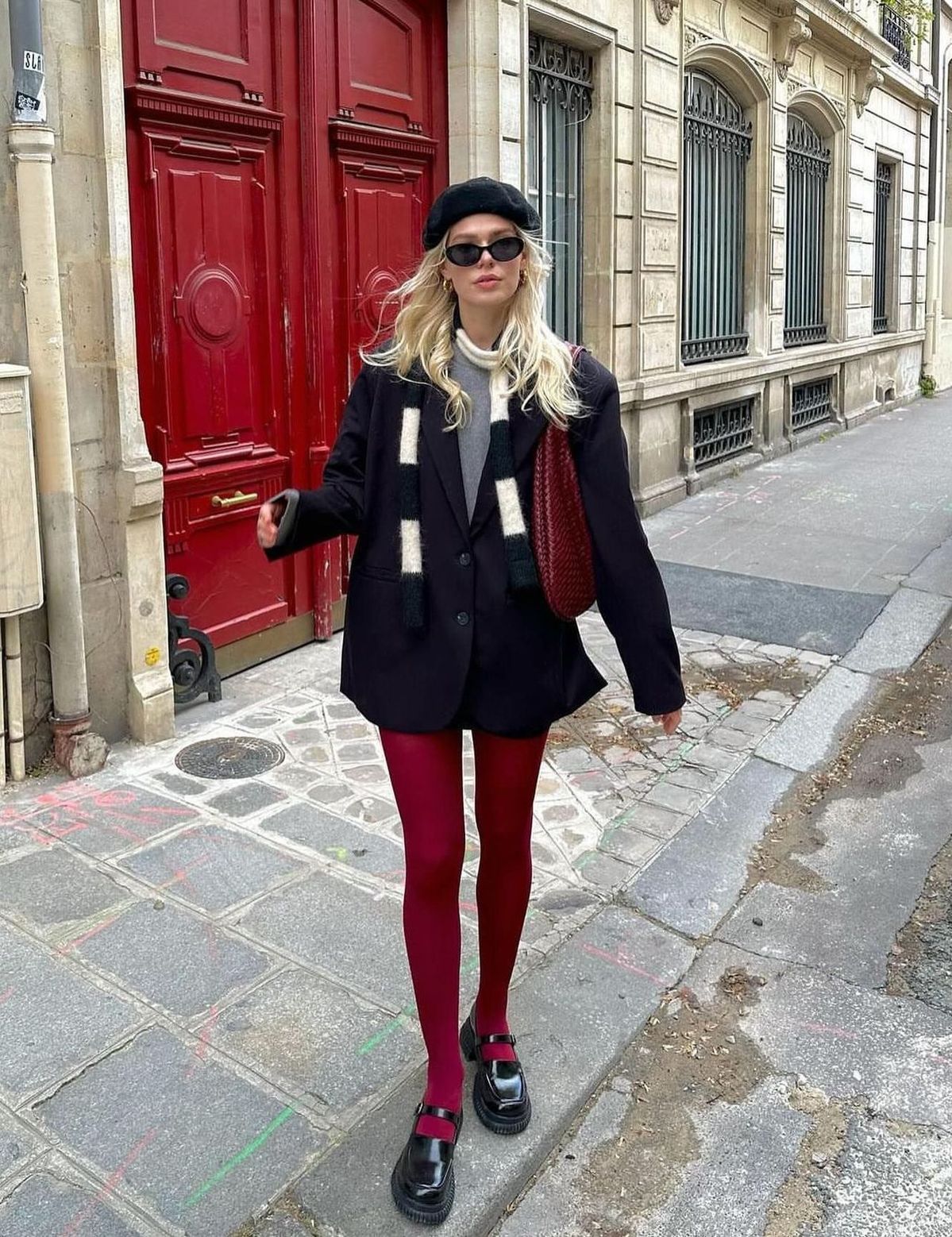 Bold Red Tights With City Style Ensemble — Aesthetic Red Tights Outfit