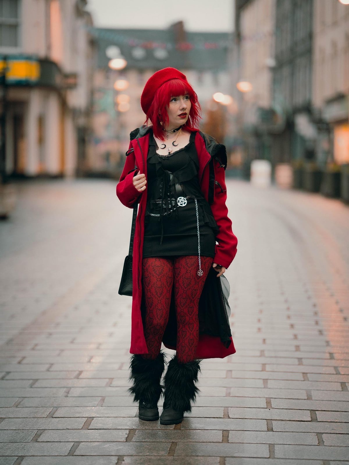 Red Patterned Tights With Gothic Style — Aesthetic Red Tights Outfit