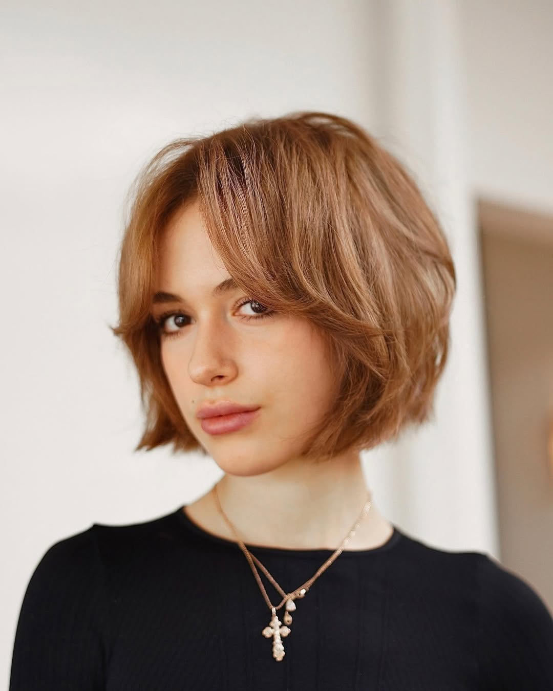 Chin Length Bob With Side Swept Bangs — Aesthetic Short Hair Bob