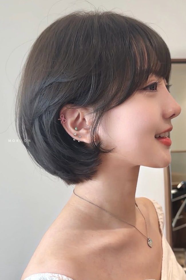 Rounded Bob With Ash Mocha Curtain Bangs — Aesthetic Short Hair Bob