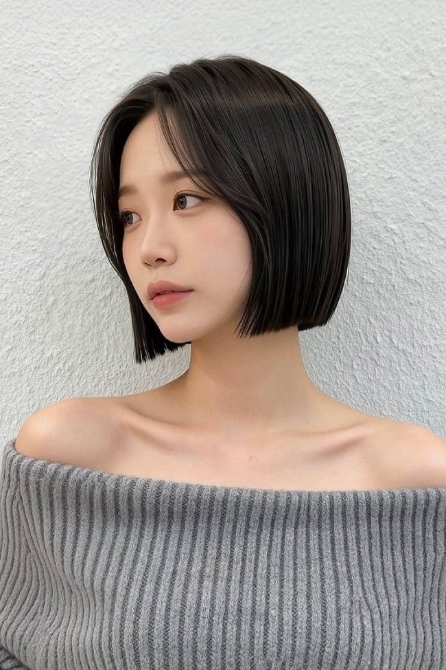 Sleek Chin Length Blunt Bob With Curtain Bangs — Aesthetic Short Hair Bob