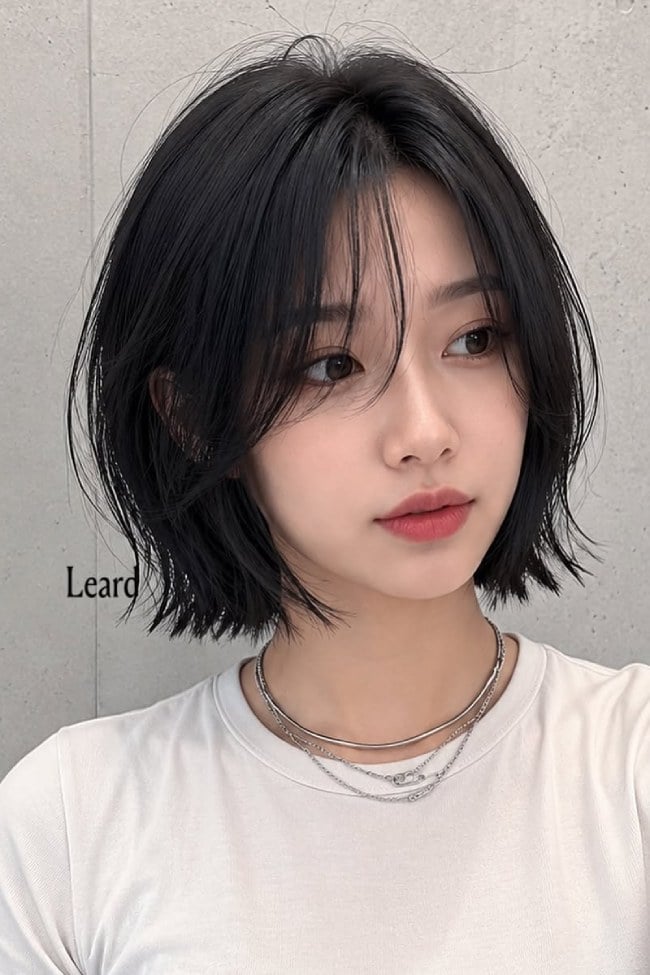 Collarbone Bob With Black Curtain Bangs, черный — Aesthetic Short Hair Bob