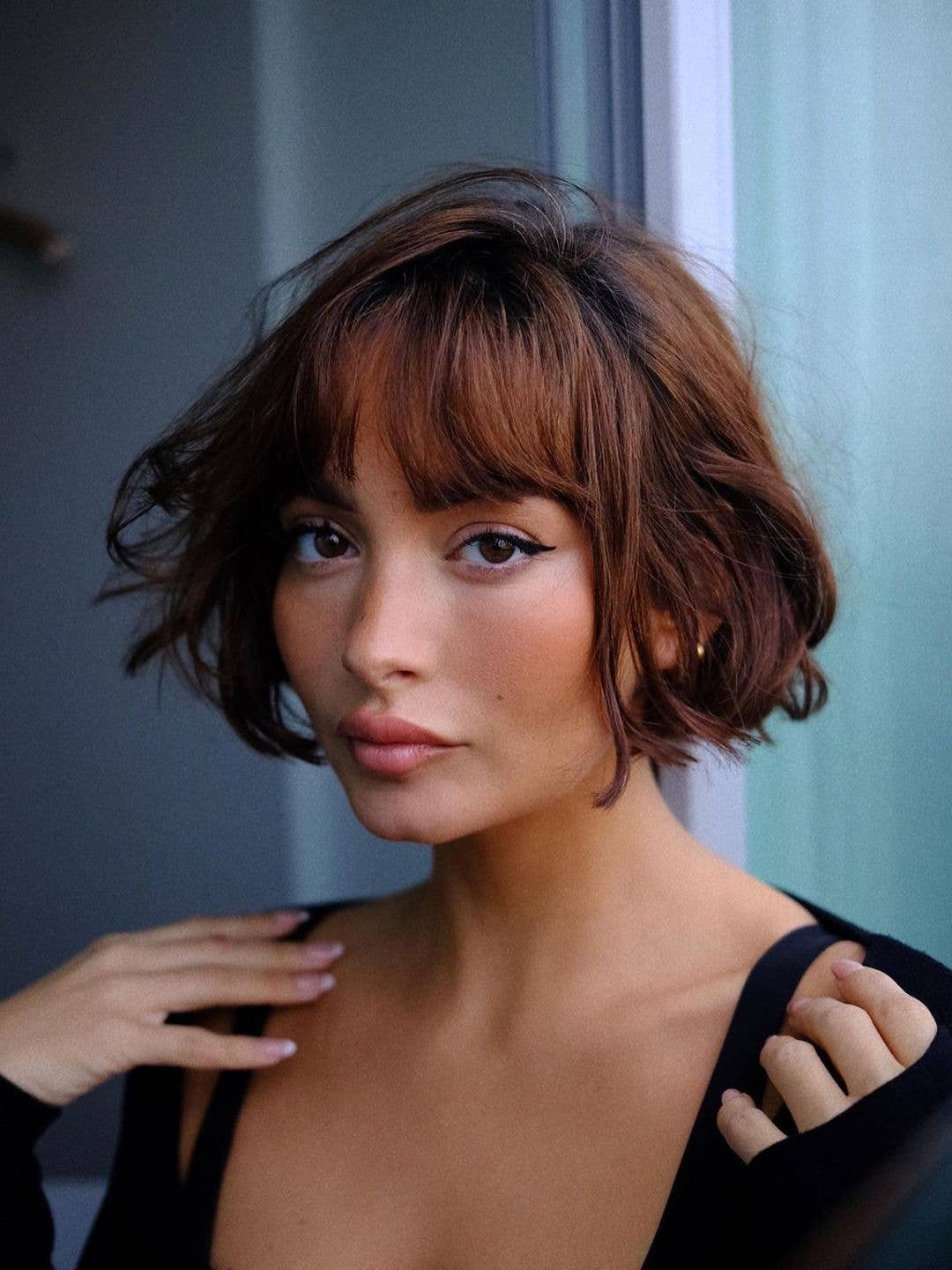 Chin Length Bob With Auburn Curtain Bangs — Aesthetic Short Hair Bob
