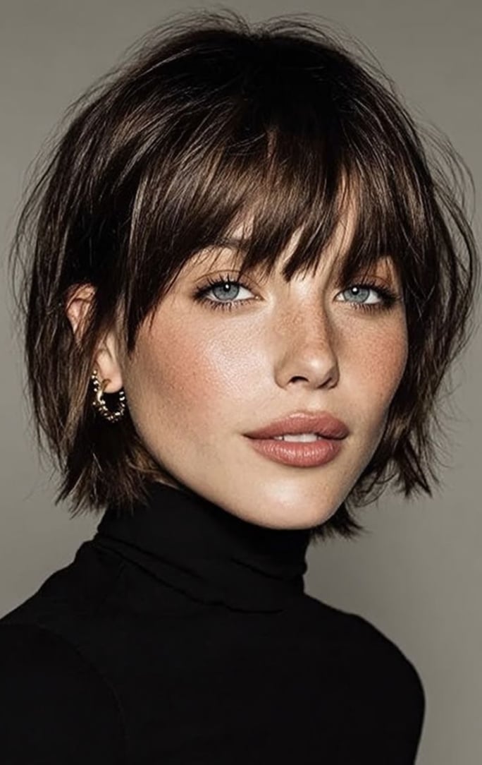 Shaggy Bob With Choppy Bangs Dark Brown — Aesthetic Short Hair Bob