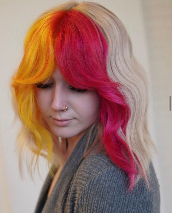 Collarbone Shag Split Dye Blonde Pink And Yellow — Aesthetic Split Dye Hair