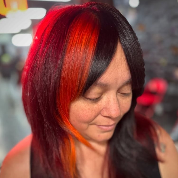 Collarbone Layered Split Dye Black Red And Orange — Aesthetic Split Dye Hair