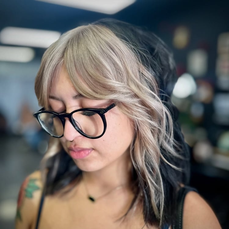 Collarbone Layered Asymmetrical Black And Blonde Split Dye — Aesthetic Split Dye Hair