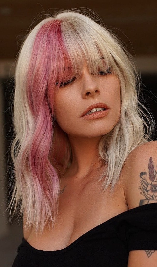 Collarbone Lob Platinum Blonde And Pastel Pink Split Dye — Aesthetic Split Dye Hair