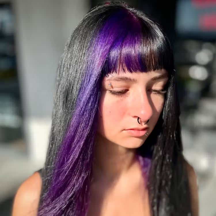 Mid-Back Straight Cut Black And Purple Split Dye — Aesthetic Split Dye Hair