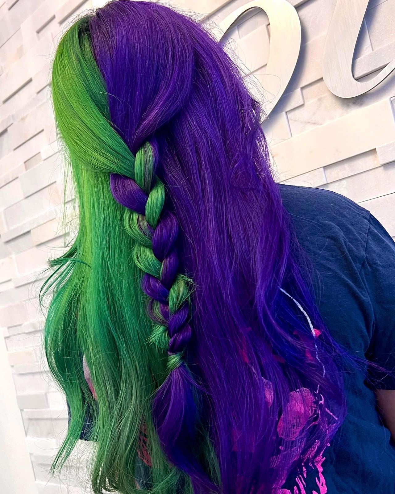 Mid-Back Wavy Braided Split Dye Green And Purple — Aesthetic Split Dye Hair
