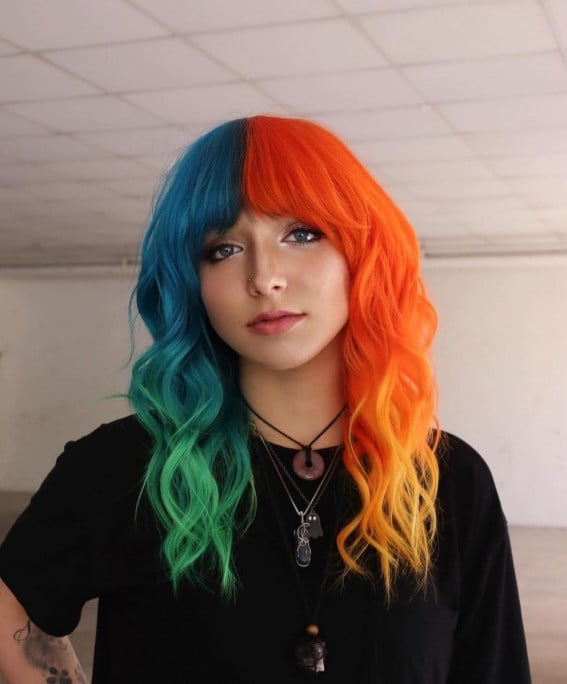 Mid-Back Layered Split Dye Teal Blue And Orange — Aesthetic Split Dye Hair